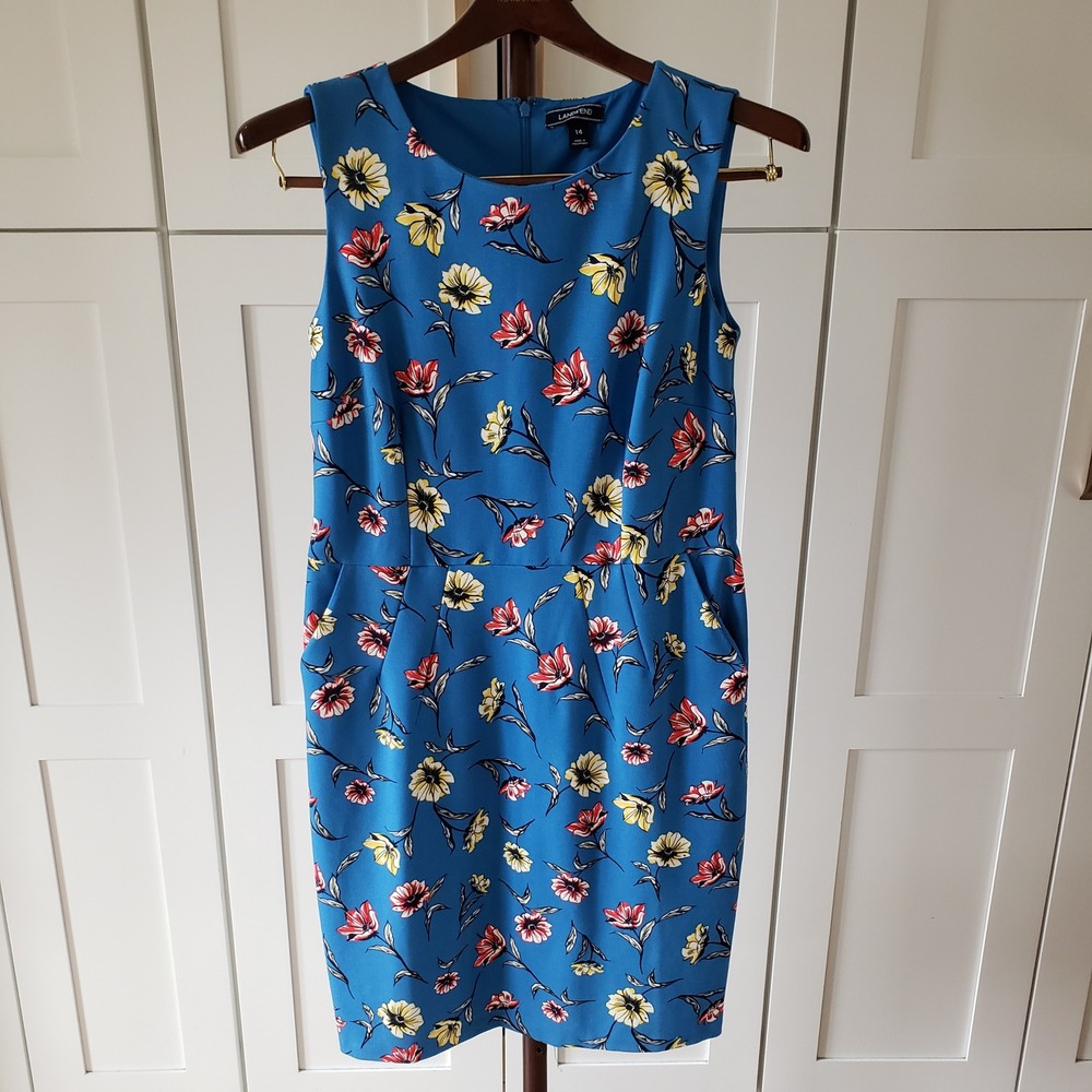 Lands End Dress Womens 14 Blue Floral Sheath Ponte Knit Sleeveless Pleated